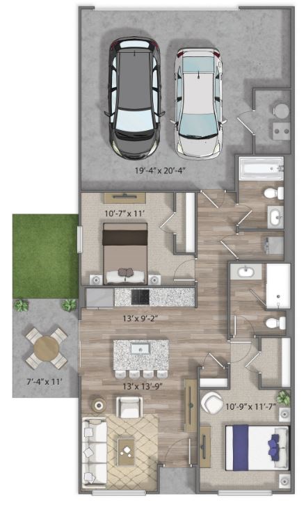 Floor plan for 2 beds, 2 baths, 849 sqft